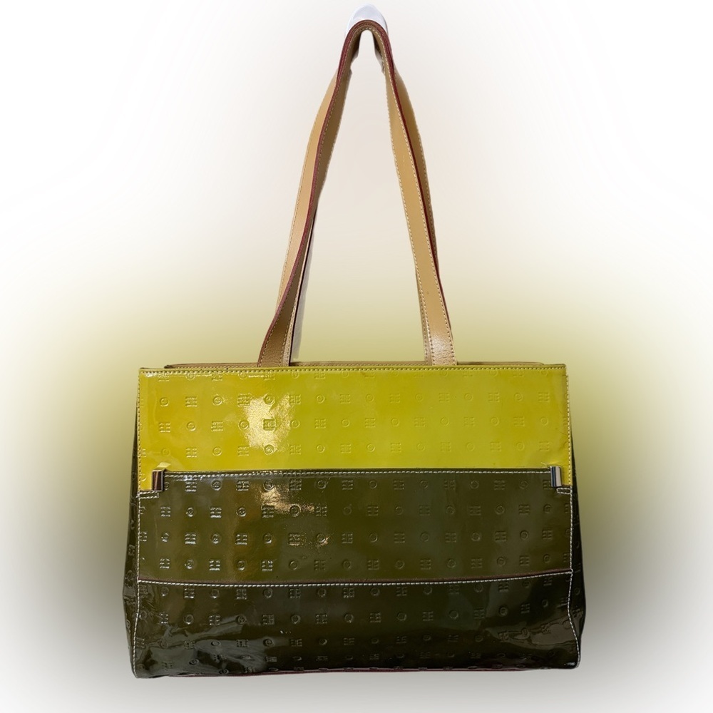 Arcadia Two-Tone Lime and Olive Patent Leather Tote